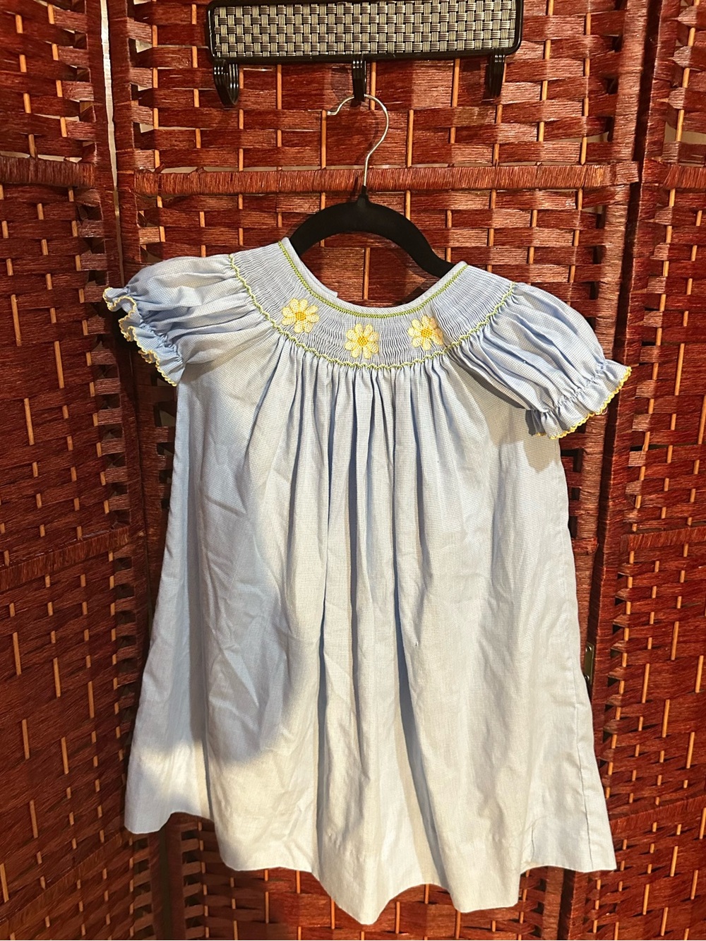 Vintage Light Blue Smocked Dress with Yellow Daisy Embroidered Detail